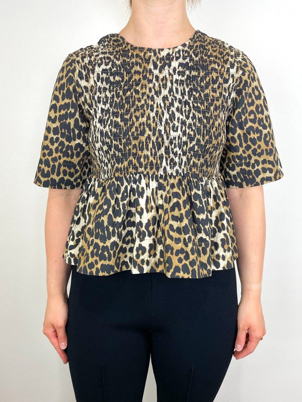 Printed Cotton Open Back Smock Blouse in Leopard - The Shoe Hive