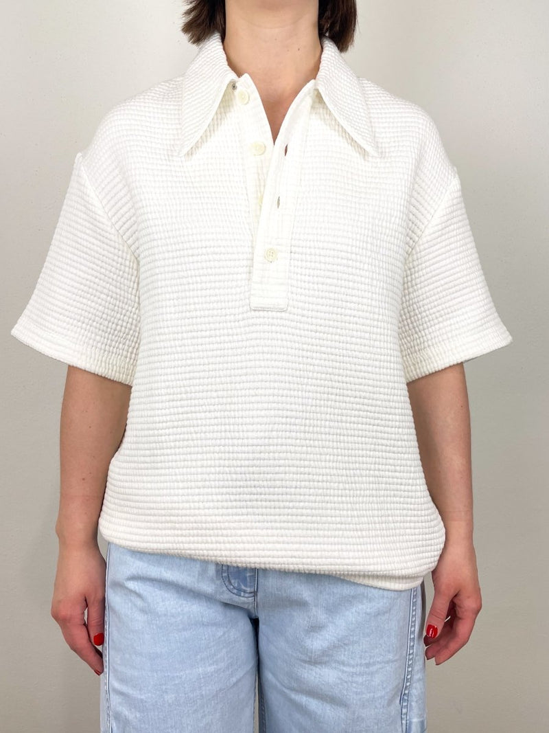 Quilted Waffle Polo Tunic Top in White - The Shoe Hive