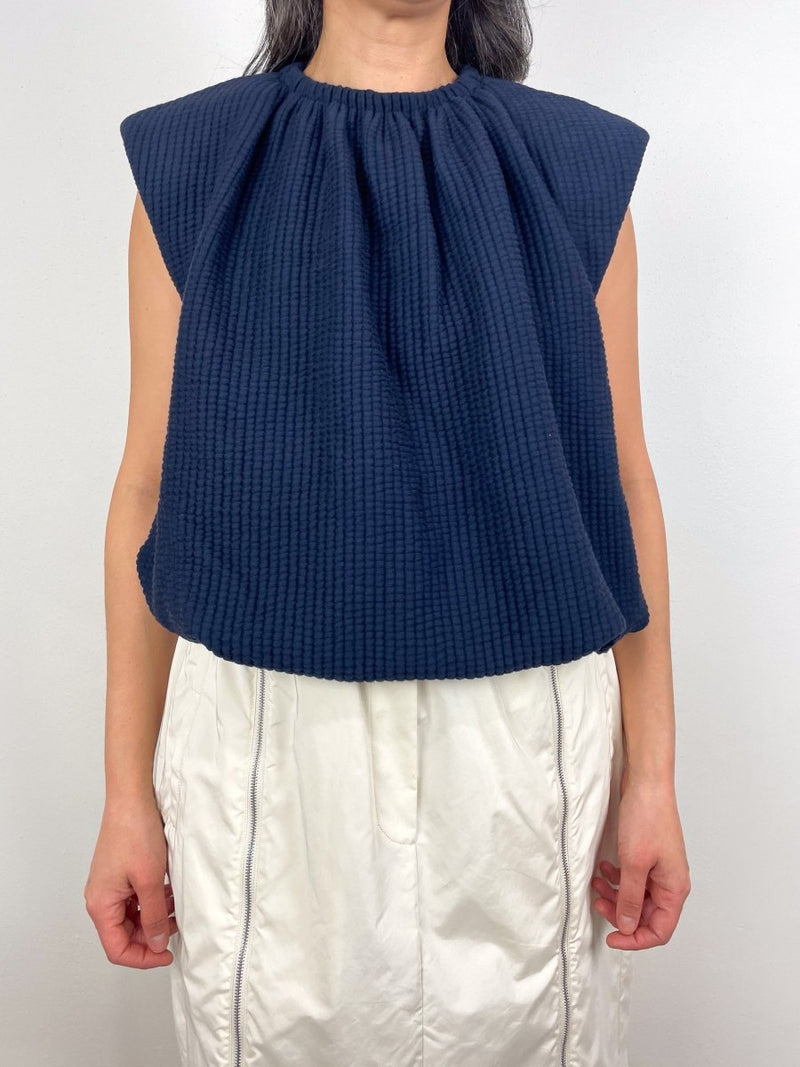 Quilted Waffle Shirred Neck Top in Dark Navy - The Shoe Hive