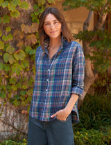 Relaxed Button-Up Shirt in Blue White Green Plaid - The Shoe Hive