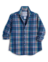 Relaxed Button-Up Shirt in Blue White Green Plaid - The Shoe Hive