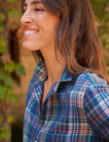 Relaxed Button-Up Shirt in Blue White Green Plaid - The Shoe Hive