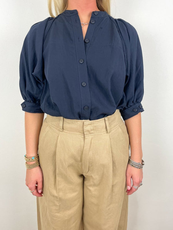 Relaxed Lantern Sleeve Button Up Blouse in Navy - The Shoe Hive