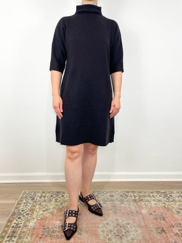 Rowan Short Sleeved Funnel Neck Dress in Chocolate Extra Fine Merino Wool - The Shoe Hive