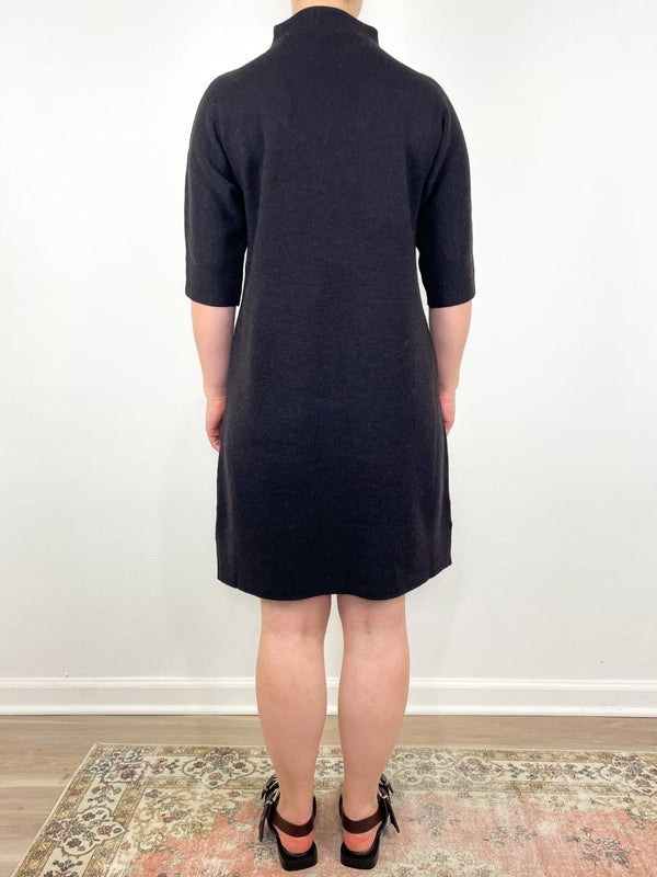 Rowan Short Sleeved Funnel Neck Dress in Chocolate Extra Fine Merino Wool - The Shoe Hive