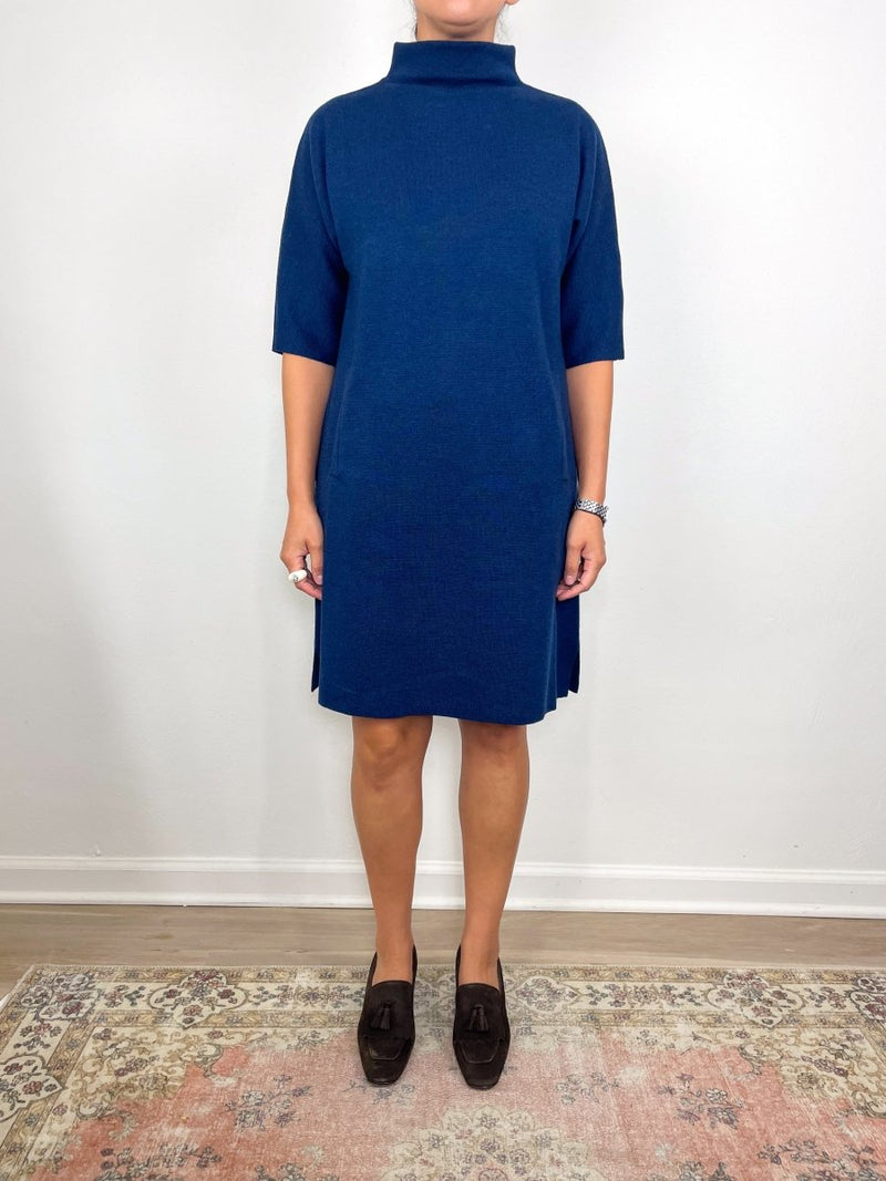Rowan Short Sleeved Funnel Neck Dress in Heather Navy Extra Fine Merino Wool - The Shoe Hive
