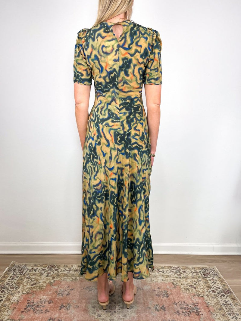 Ulla Johnson | Women's Samar Silk Dress in Multicolored Puff Sleeve Midi Dress Size 8 | Evening Dress