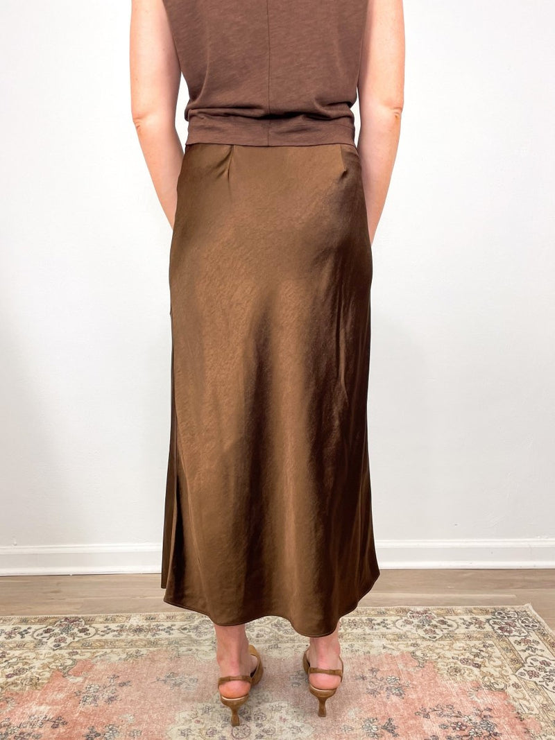 Satin Slit Front Skirt in Chocolate - The Shoe Hive