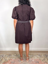 Shirred Sleeve Split Neck Dress in Espresso - The Shoe Hive