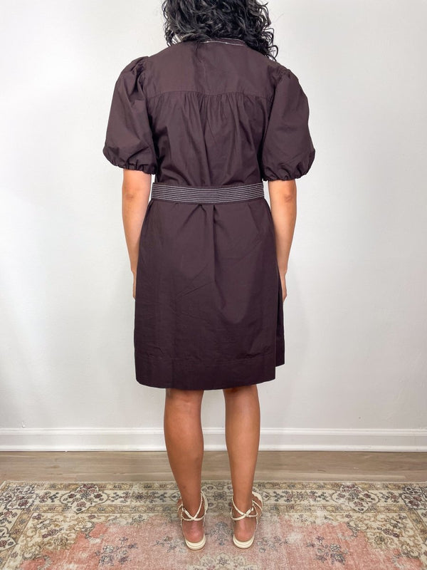 Shirred Sleeve Split Neck Dress in Espresso - The Shoe Hive