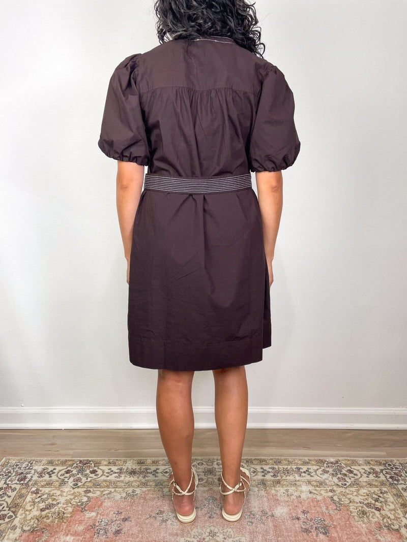 Shirred Sleeve Split Neck Dress in Espresso - The Shoe Hive
