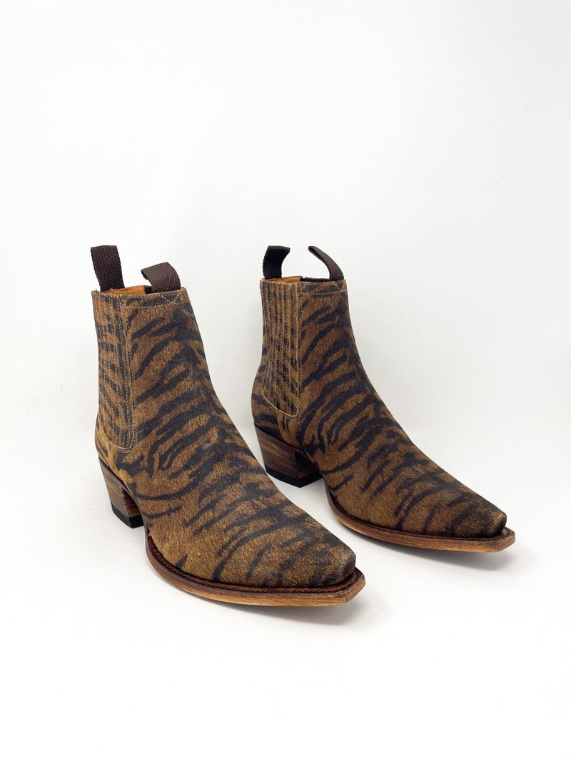 Short Cowboy Boot in Brown Tiger Suede - The Shoe Hive