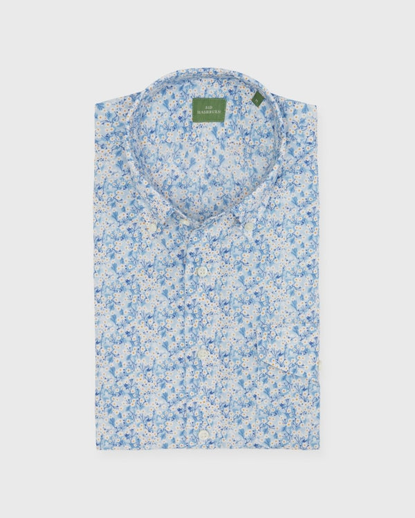 Short-Sleeved Button-Down Sport Shirt in Blue/Orange Mitsy Valeria Liberty Fabric Poplin - The Shoe Hive