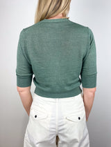 Short - Sleeved Rosie V - Neck Cardigan in Green Linen - The Shoe Hive