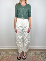 Short - Sleeved Rosie V - Neck Cardigan in Green Linen - The Shoe Hive