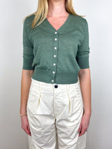Short - Sleeved Rosie V - Neck Cardigan in Green Linen - The Shoe Hive