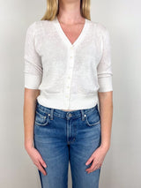 Short - Sleeved Rosie V - Neck Cardigan in Off White Linen - The Shoe Hive