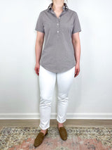 Short Sleeved Tomboy Popover Shirt in Brown Micro Gingham Poplin - The Shoe Hive