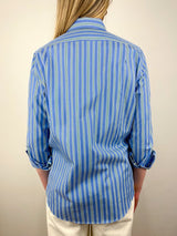 Sidney Shirt in French Blue/Green Multi Stripe Poplin - The Shoe Hive