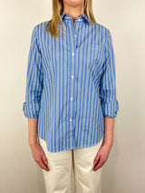 Sidney Shirt in French Blue/Green Multi Stripe Poplin - The Shoe Hive
