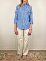Sidney Shirt in French Blue/Green Multi Stripe Poplin - The Shoe Hive