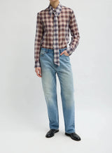 Silk Cotton Plaid Blouse with Removable Tie in Black/Red Multi - The Shoe Hive