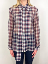 Silk Cotton Plaid Blouse with Removable Tie in Black/Red Multi - The Shoe Hive