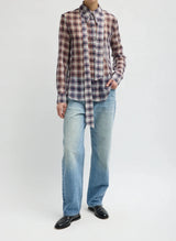 Silk Cotton Plaid Blouse with Removable Tie in Black/Red Multi - The Shoe Hive