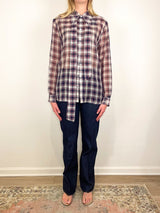 Silk Cotton Plaid Blouse with Removable Tie in Black/Red Multi - The Shoe Hive