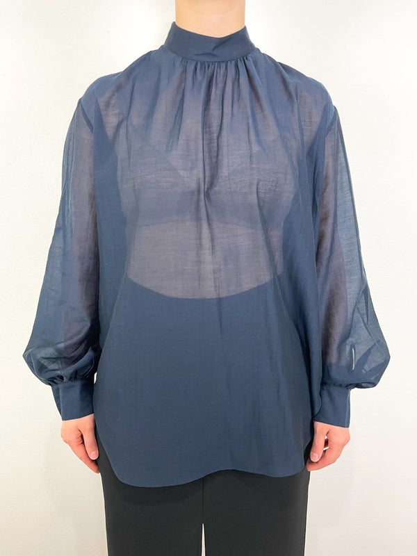 Silk Cotton Shirred Neck Blouse in Navy - The Shoe Hive