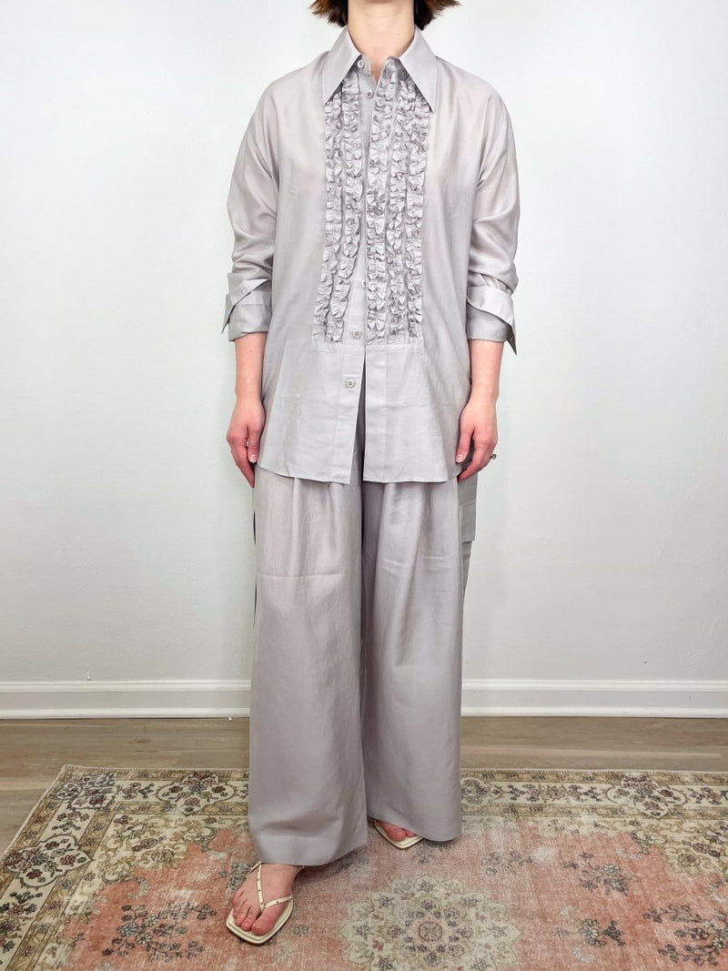 Silk Voile Cargo Triple Pleat Pant in Stone - The Shoe Hive