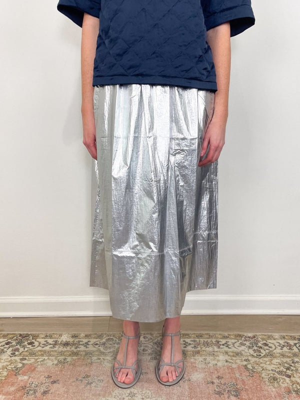 Silver Metallic Nylon Pull on Full Skirt in Silver - The Shoe Hive