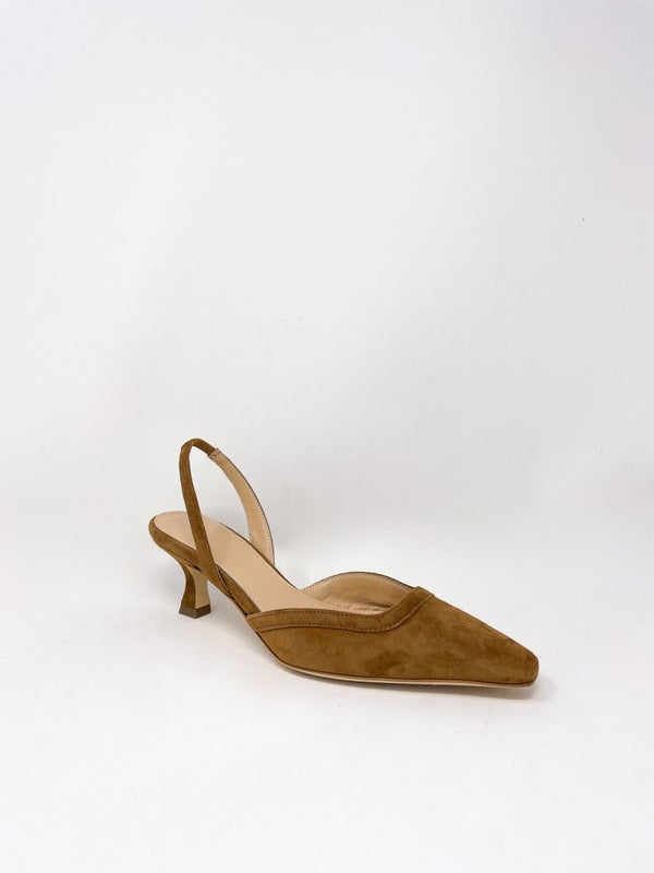 Slight Square Slingback in Dark Camel Suede - The Shoe Hive