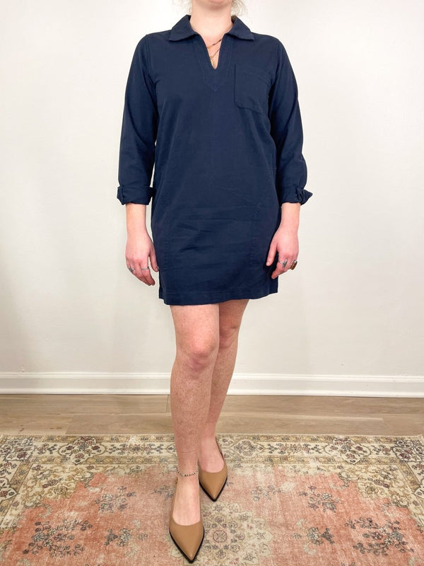 Split Neck Collared Dress in Navy - The Shoe Hive