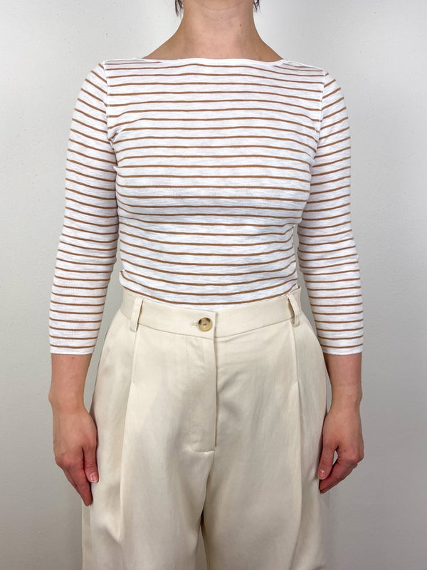 Striped 3/4 Sleeve Boatneck in Teak Stripe - The Shoe Hive