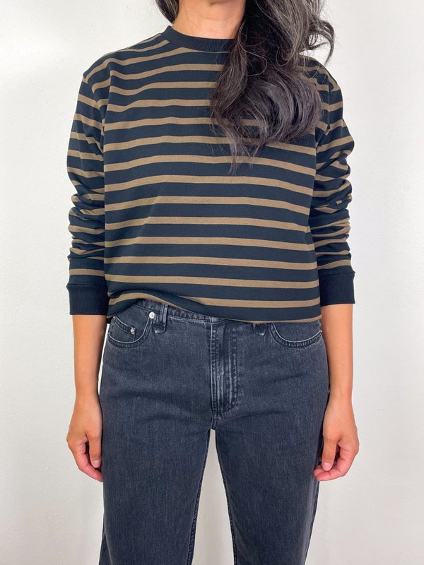 Striped Perfect T Crewneck Unisex Long Sleeve T in Brown Multi - The Shoe Hive