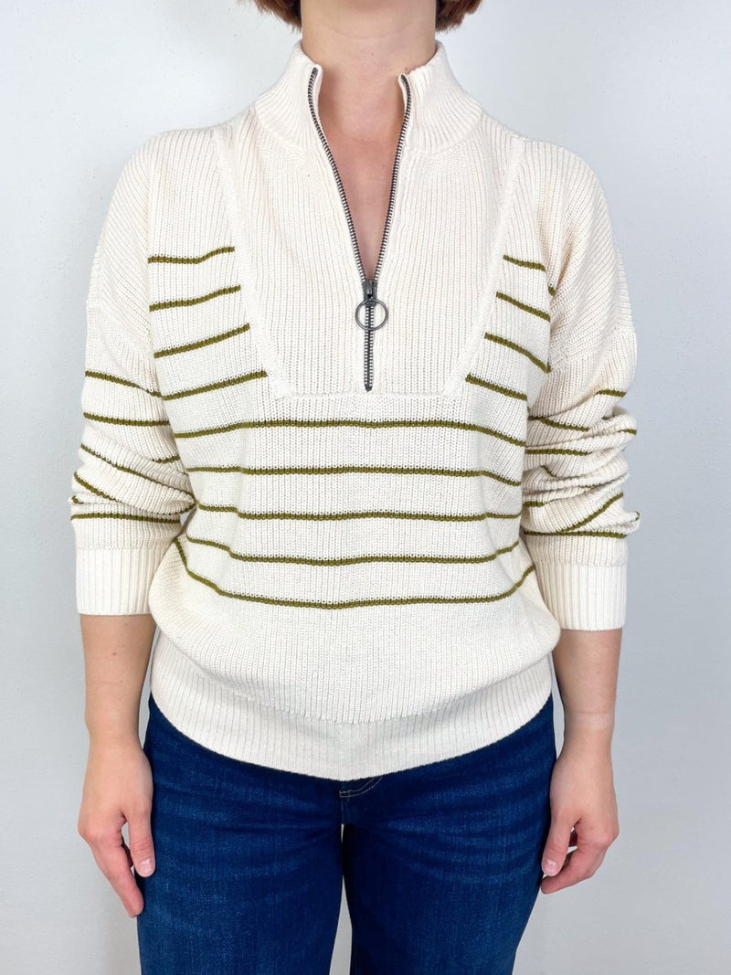 Striped Zip Front Sweater in Cream Stripe - The Shoe Hive