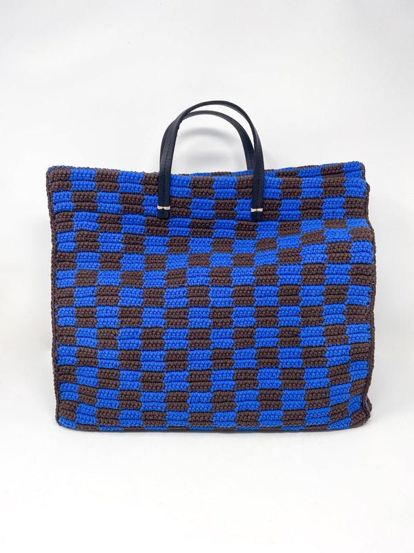 Summer Simple Tote Crochet Checker in Deep Blue/Chocolate - The Shoe Hive