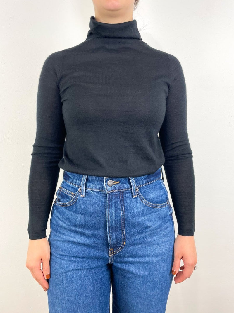 Superfine Funnel Neck Sweater in Black Cashmere - The Shoe Hive