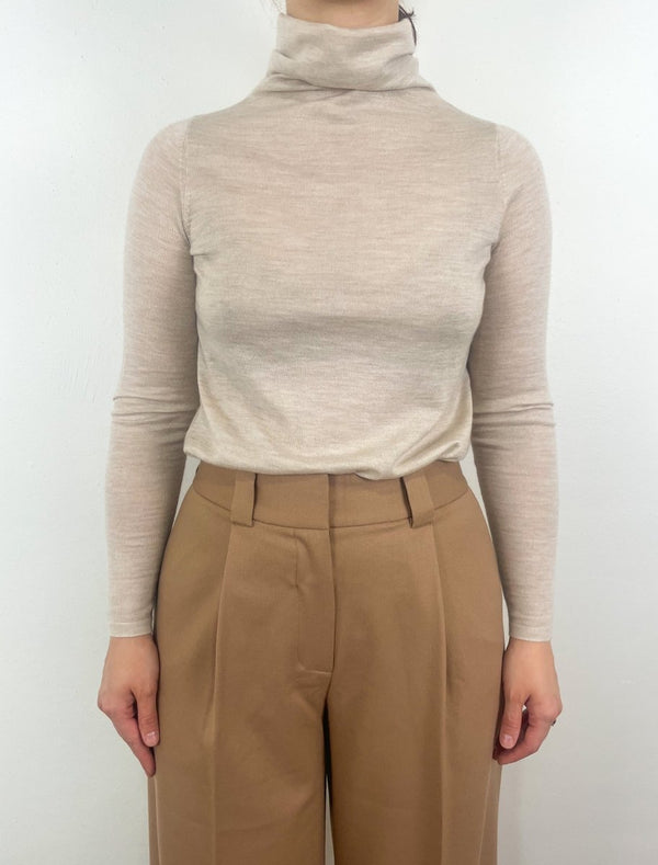 Superfine Funnel Neck Sweater in Sandstone Cashmere - The Shoe Hive