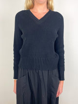Textured V-Neck Saddle Sweater in Black - The Shoe Hive