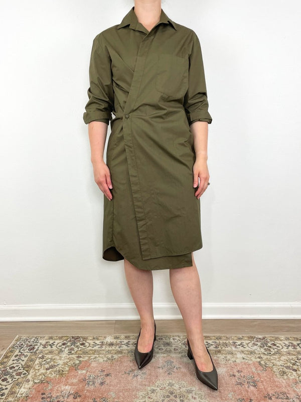 The Midi Shirt Dress Paper Cotton in Army - The Shoe Hive