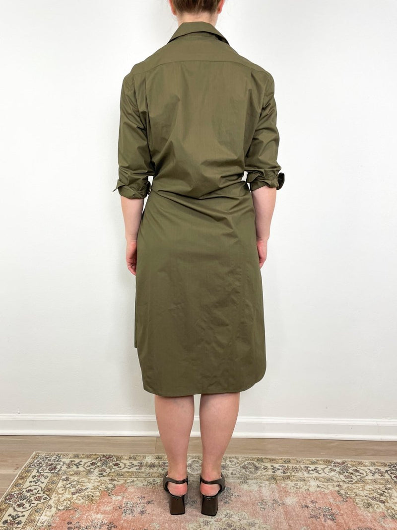 The Midi Shirt Dress Paper Cotton in Army - The Shoe Hive