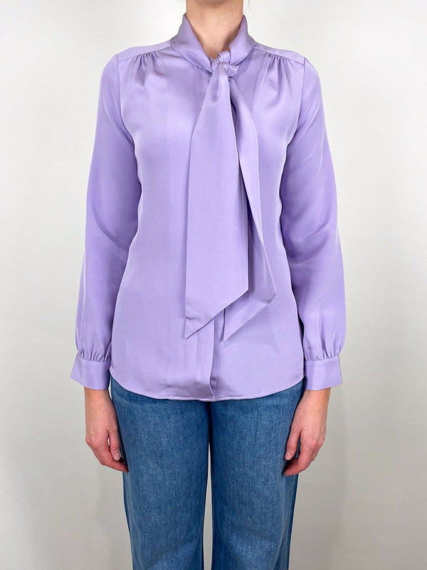 Tie Neck Blouse in Lavender Silk Crepe - The Shoe Hive