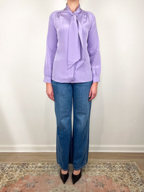 Tie Neck Blouse in Lavender Silk Crepe - The Shoe Hive