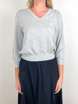 V-Neck Blouson Sweater in Heather Grey - The Shoe Hive