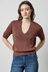 V-Neck Elbow Sleeve Sweater in Java - The Shoe Hive