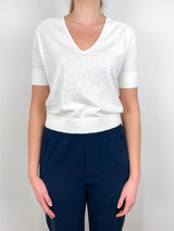 V - Neck Saddle Sleeve Sweater in White Linen - The Shoe Hive