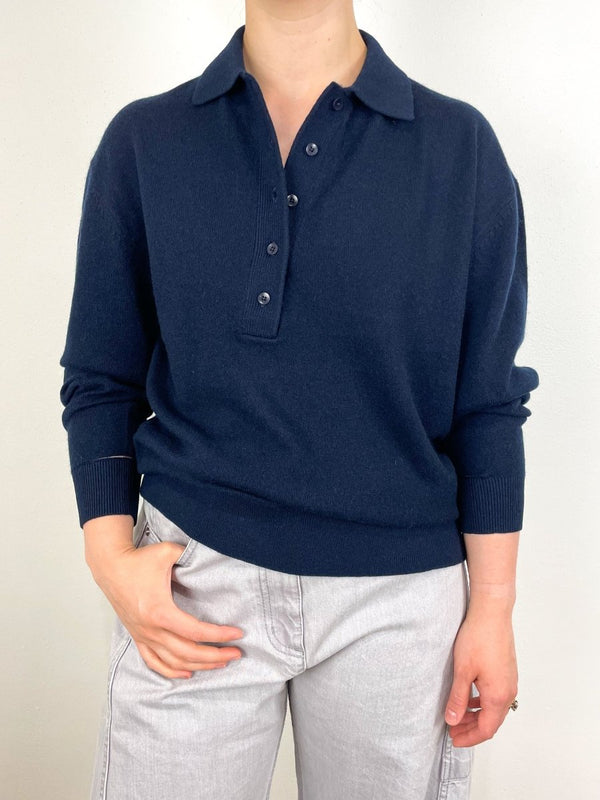 Washable Cashmere Easy Polo Sweater in Navy - The Shoe Hive