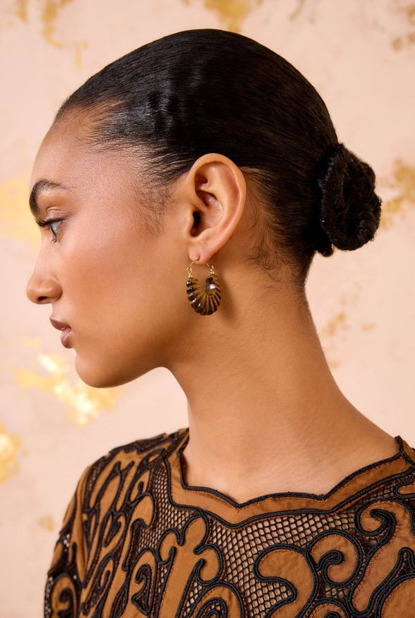 Zora Carved Shell Hoop Earring in Tiger's Eye - The Shoe Hive